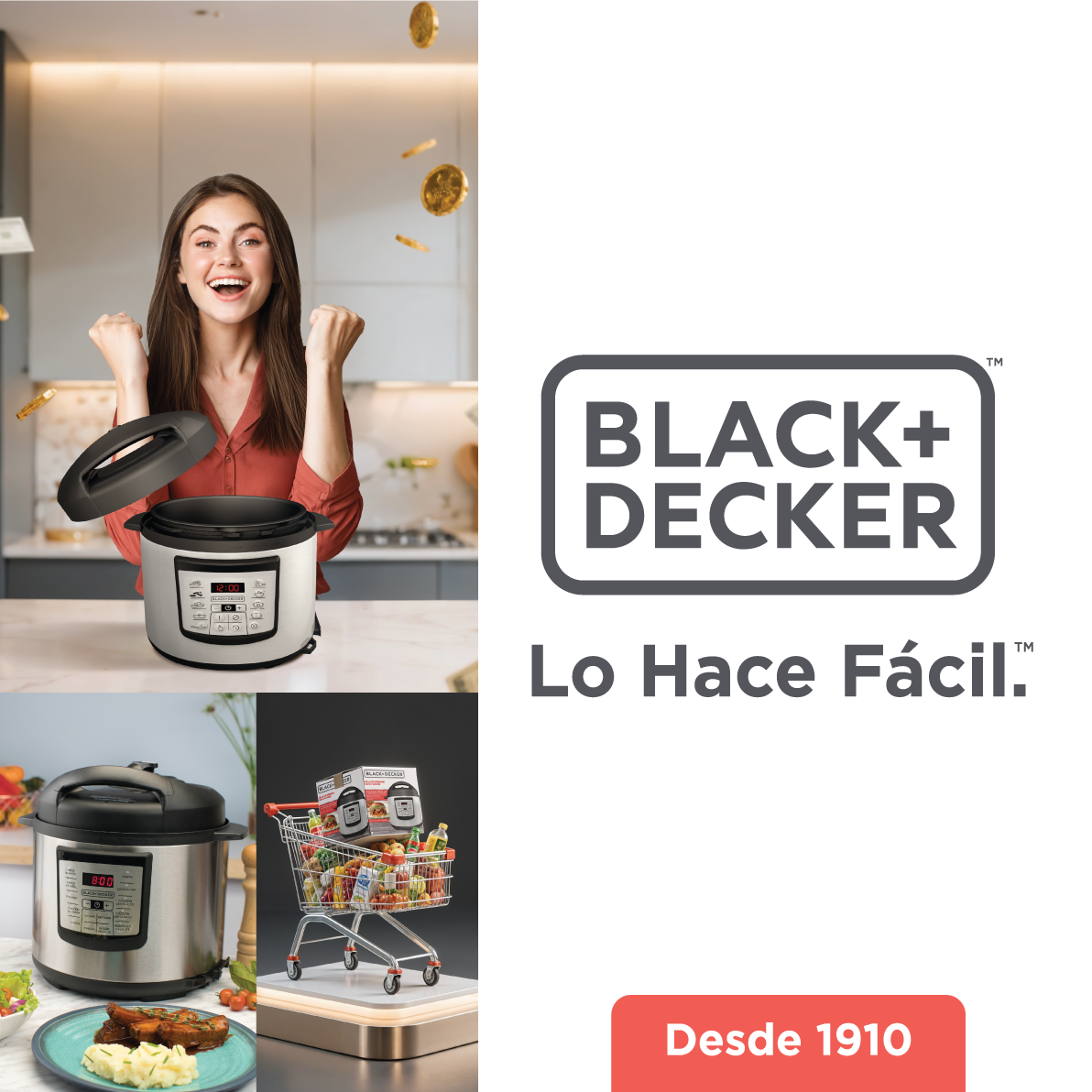 BLACK+DECKER® Lo Hace Fácil — ollas de presión participantes y un carrito de supermercado lleno
